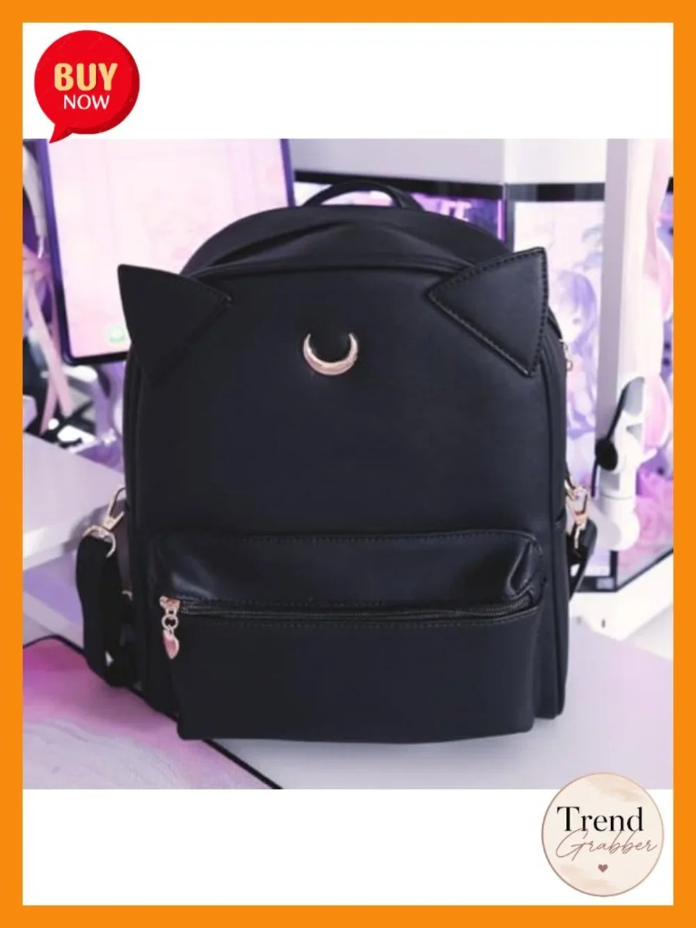Faux Leather Anime Cat Ear Backpack with Crescent Moon, Adjustable Straps